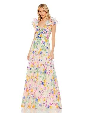 NWOT Mac Duggal Floral Sequin Gown in Cream with Multicolor Embroidery
